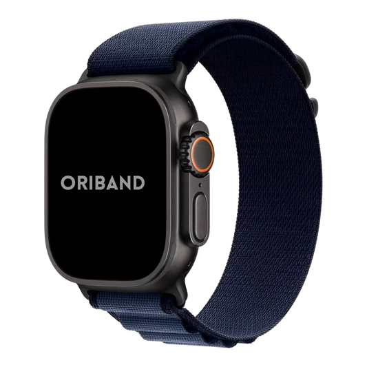 Apple Watch Ultra 3 with a navy blue band on a white background, featuring the brand 'Oriband'.