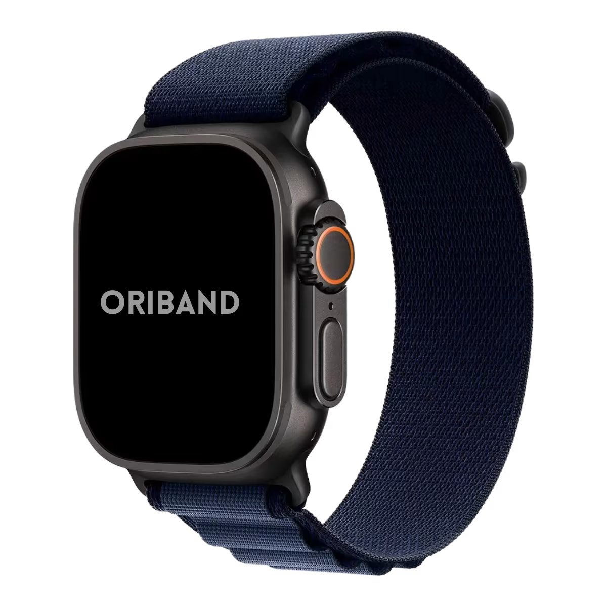 Apple Watch Ultra 3 with a navy blue band on a white background, featuring the brand 'Oriband'.