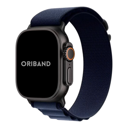 Apple Watch Ultra 3 with a navy blue band on a white background, featuring the brand 'Oriband'.
