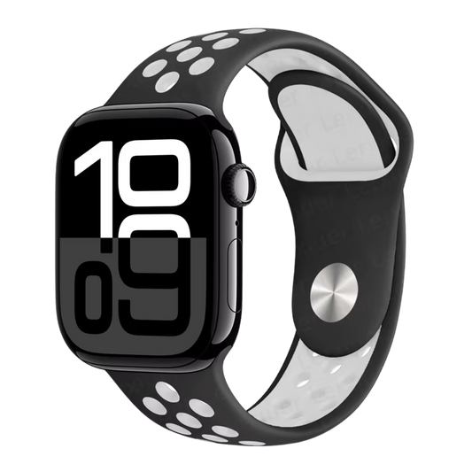 Apple Watch series 10 with a black and gray band on a white background