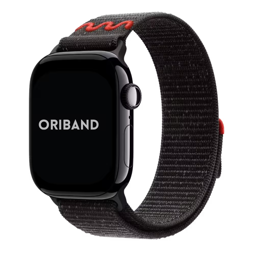 Nike Sport Loop for Apple watch in Midnight Black featuring the 'Oriband' brand on a white background
