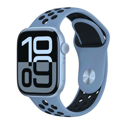 Apple Watch series 10 with a obsidian silicone Nike band on a white background
