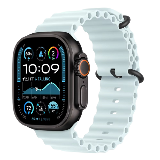 Ice Blue Ocean Band Linked to Apple Watch Ultra With Black Titanium Buckle – cool tone meets extreme performance.