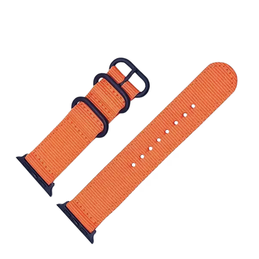 Orange two-pieces nylon nato strap for apple watch band with black buckle & black connectors.