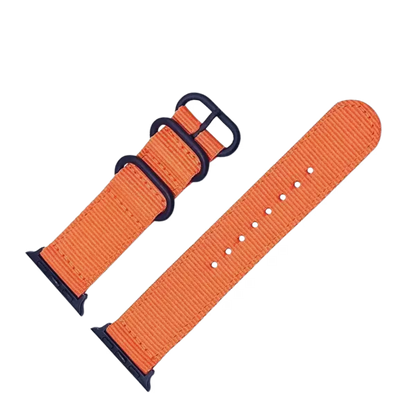 Orange two-pieces nylon nato strap for apple watch band with black buckle & black connectors.