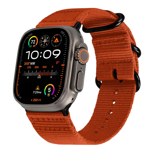 Apple watch ultra with a orange Nato strap & black buckle on a transparent background