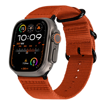 Apple watch ultra with a orange Nato strap & black buckle on a transparent background