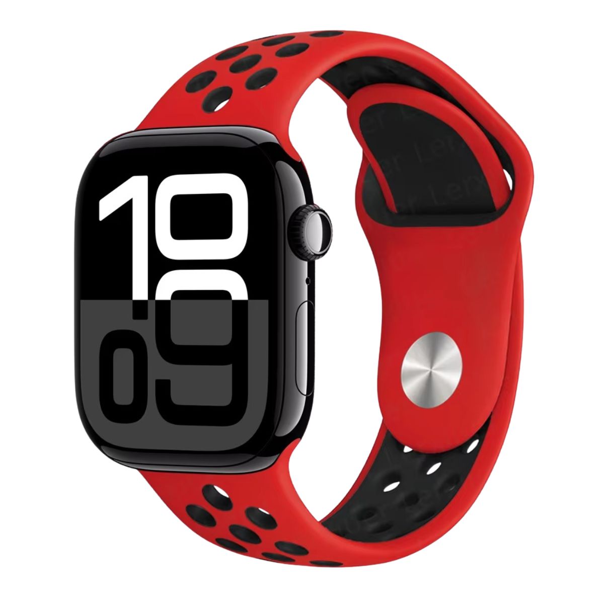 Apple Watch series 10 with a red and black Silicone Sport band on a white background