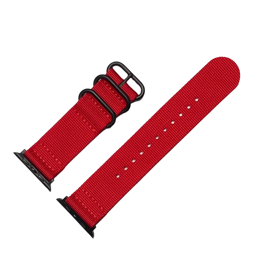 red two-pieces nylon nato strap for apple watch band with black buckle & black connectors.