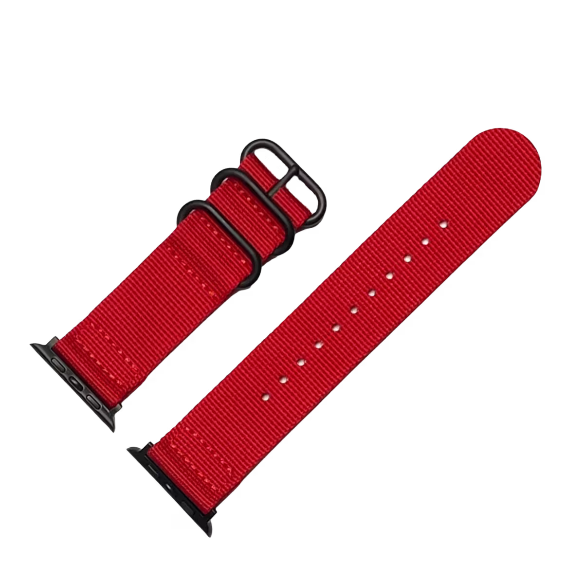 red two-pieces nylon nato strap for apple watch band with black buckle & black connectors.