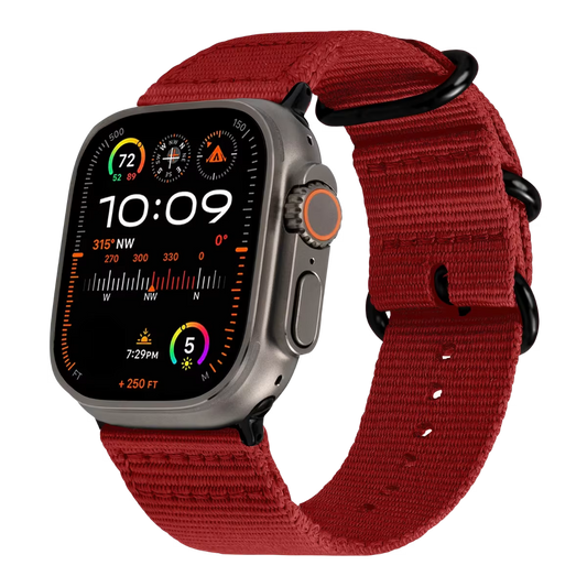 Apple watch ultra with a red Nato strap & black buckle on a transparent background