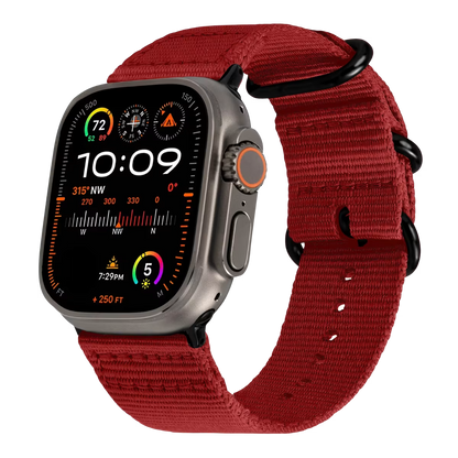 Apple watch ultra with a red Nato strap & black buckle on a transparent background