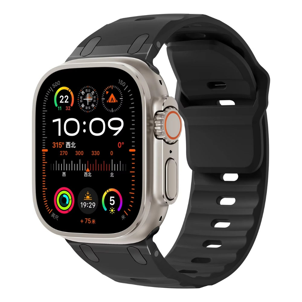 Black rugged silicone sport band – secure metal buckle for Apple Watch Ultra