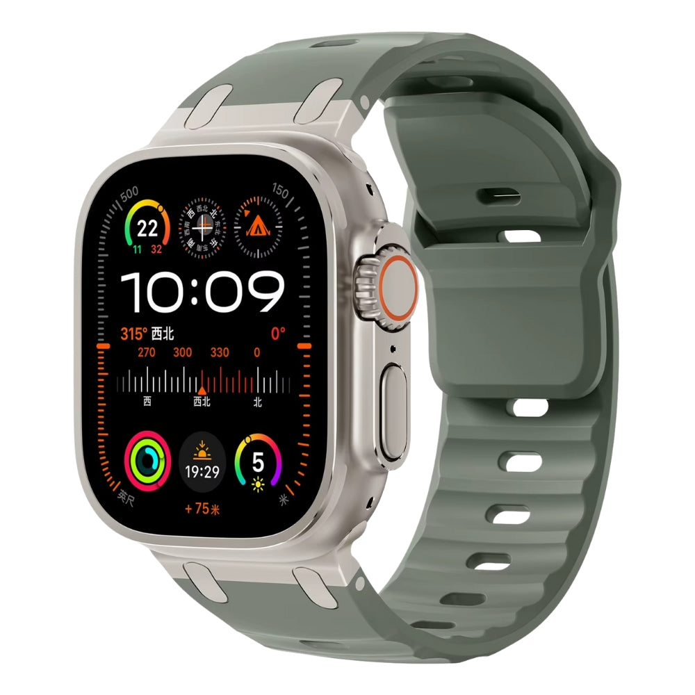 Coastal Rock gray‑green silicone sport band with secure metal buckle
