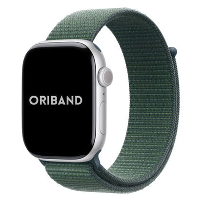 apple watch with a agate green woven sport band on a white background, featuring the brand 'Oriband'.