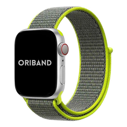 Flash Sport Loop Apple Watch Band attached to an Apple Watch, featuring "Oriband".