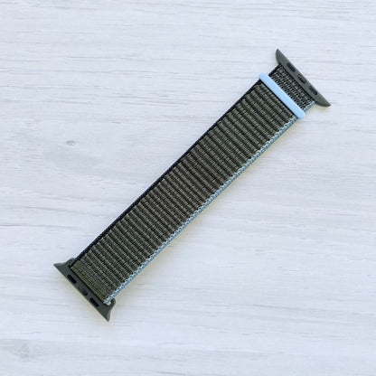 Inverness Green Sport Loop Apple Watch Band with woven nylon design, front view.