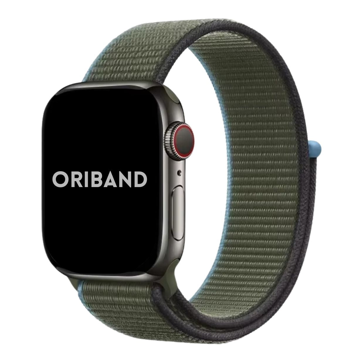 Inverness Green Sport Loop Apple Watch Band attached to Apple Watch with Oriband logo, front view.