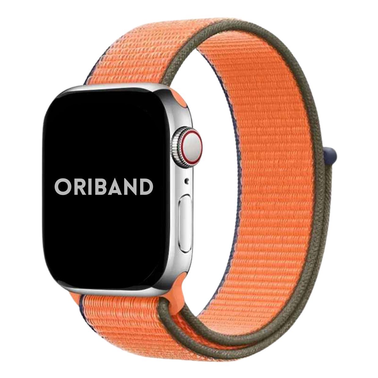 Kumquat Sport Loop Apple Watch Band attached to Apple Watch with Oriband logo.