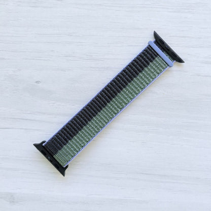 Midnight Eucalyptus Sport Loop Apple Watch Band with woven nylon design, front view.