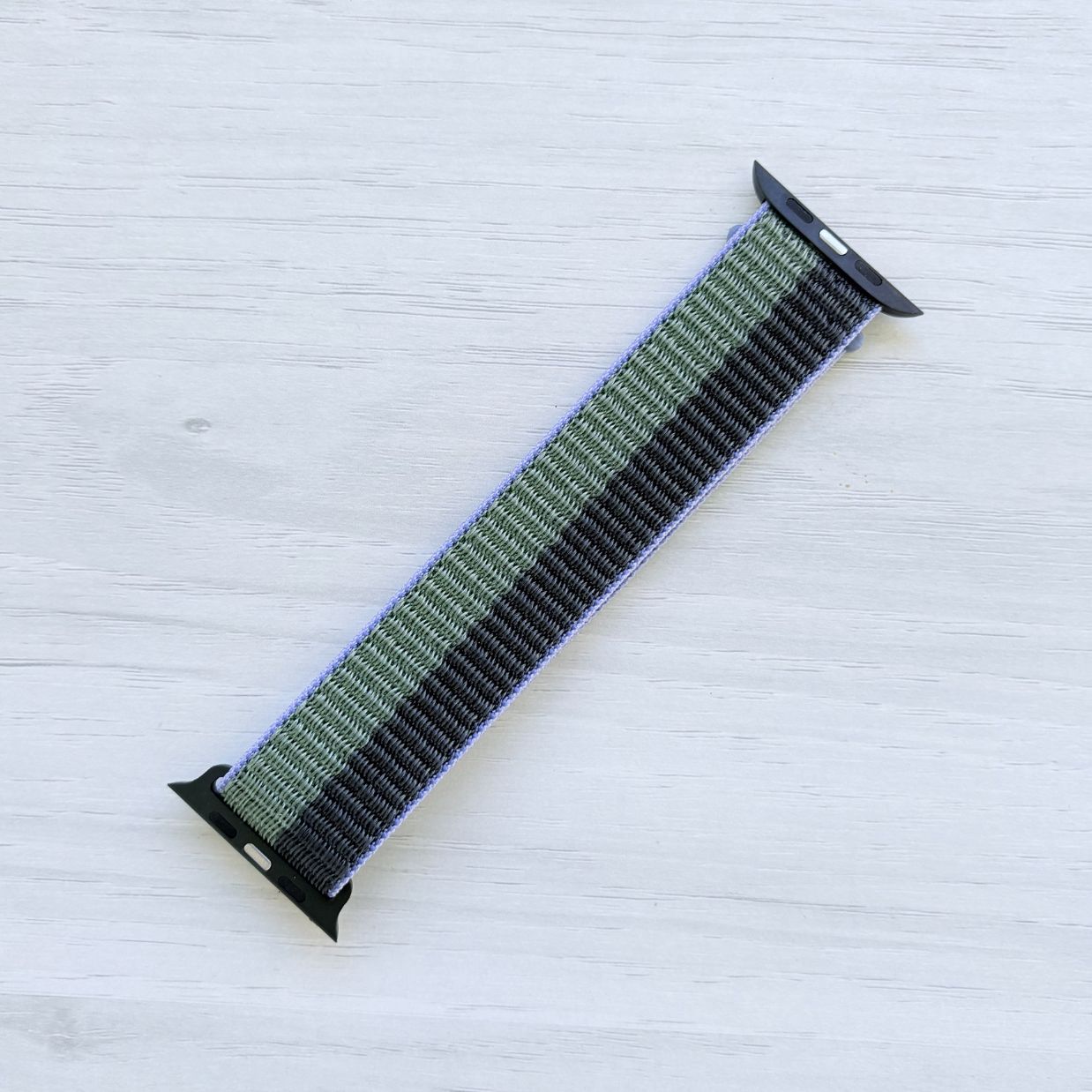 Midnight Eucalyptus Sport Loop Apple Watch Band with woven nylon design, back view.