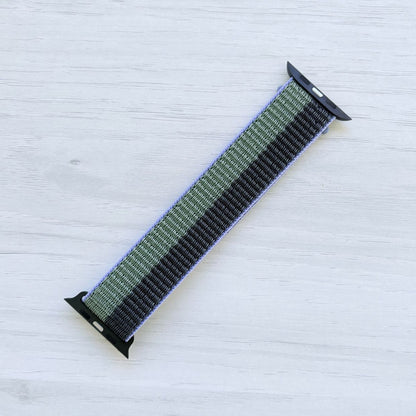 Midnight Eucalyptus Sport Loop Apple Watch Band with woven nylon design, back view.