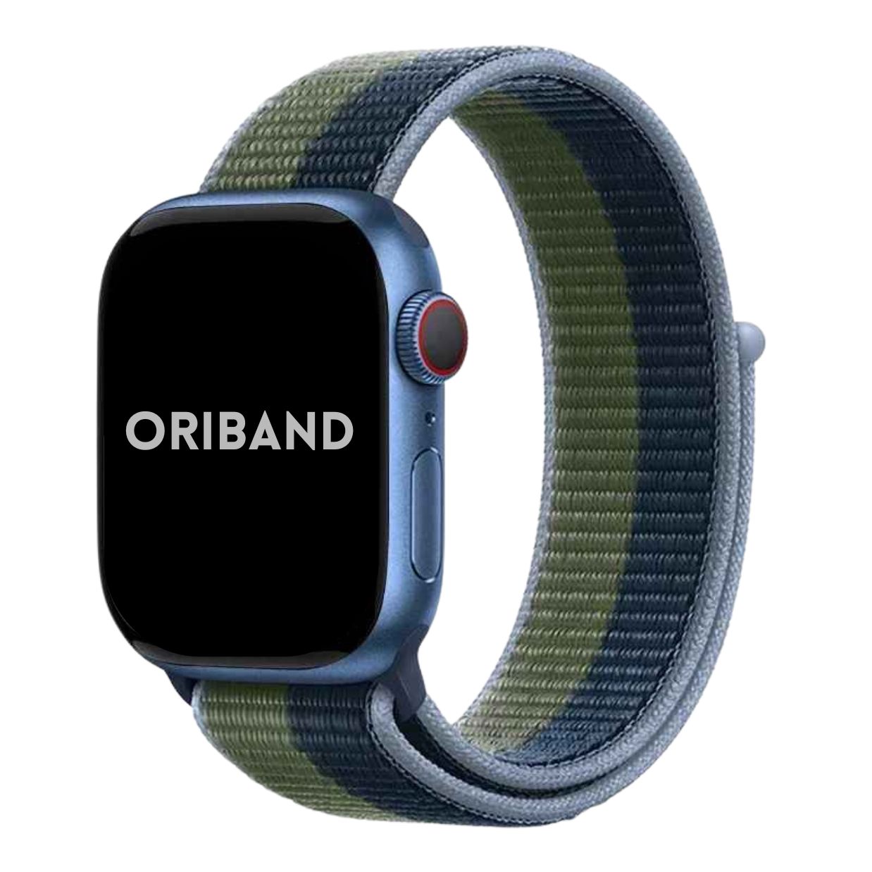 Midnight Eucalyptus Sport Loop Apple Watch Band attached to Apple Watch with Oriband logo.