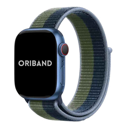 Midnight Eucalyptus Sport Loop Apple Watch Band attached to Apple Watch with Oriband logo.