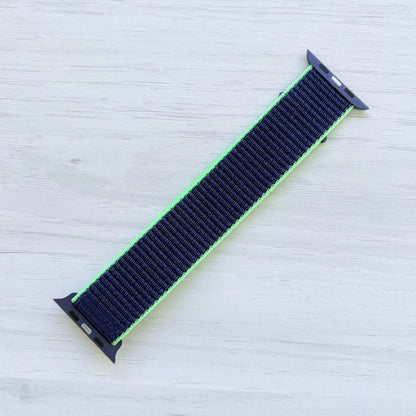 Neon Lime Sport Loop Apple Watch Band with woven nylon design, back view.