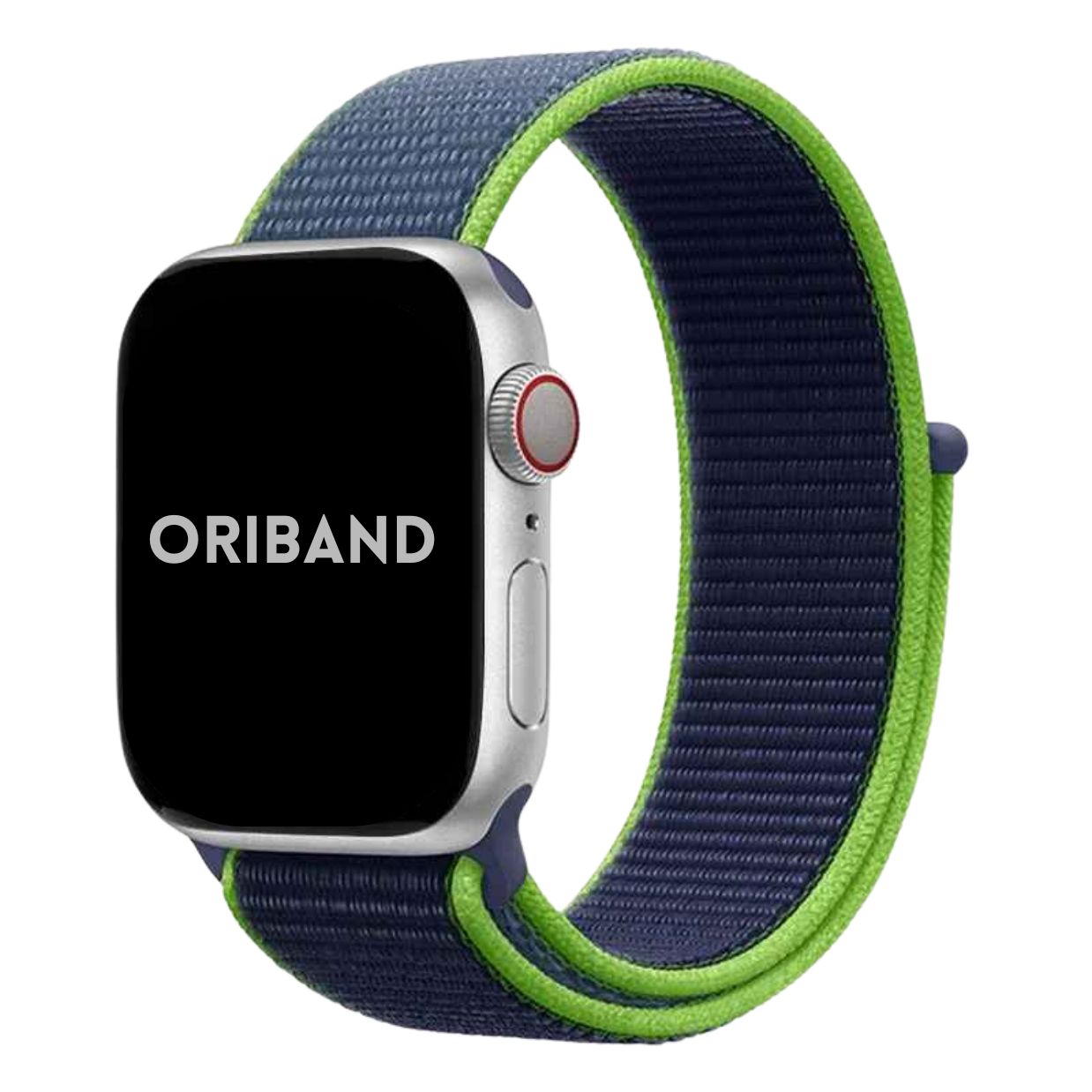 Neon Lime Sport Loop Apple Watch Band attached to Apple Watch with Oriband logo.