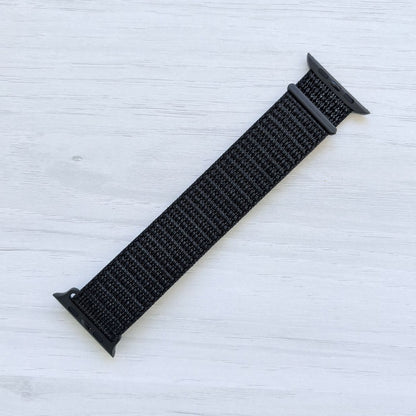 Summit Black Sport Loop Apple Watch Band with woven nylon design, front view.