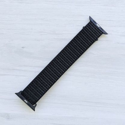 Summit Black Sport Loop Apple Watch Band with woven nylon design, back view.