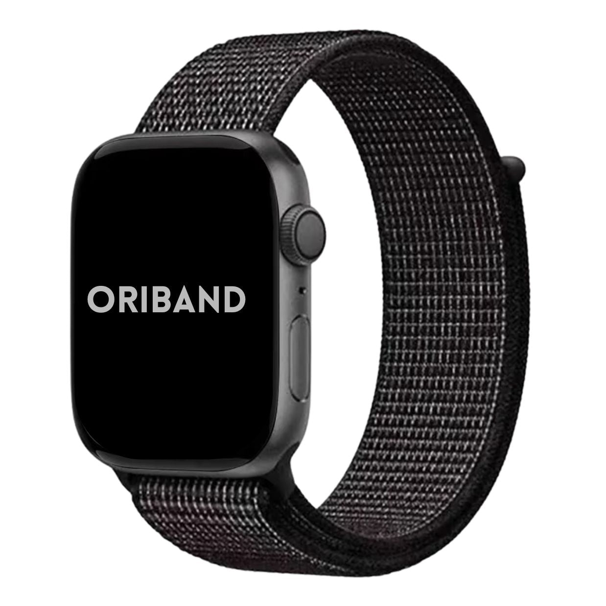 Summit Black Sport Loop Apple Watch Band attached to Apple Watch with Oriband logo.