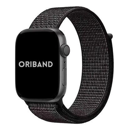 Summit Black Sport Loop Apple Watch Band attached to Apple Watch with Oriband logo.