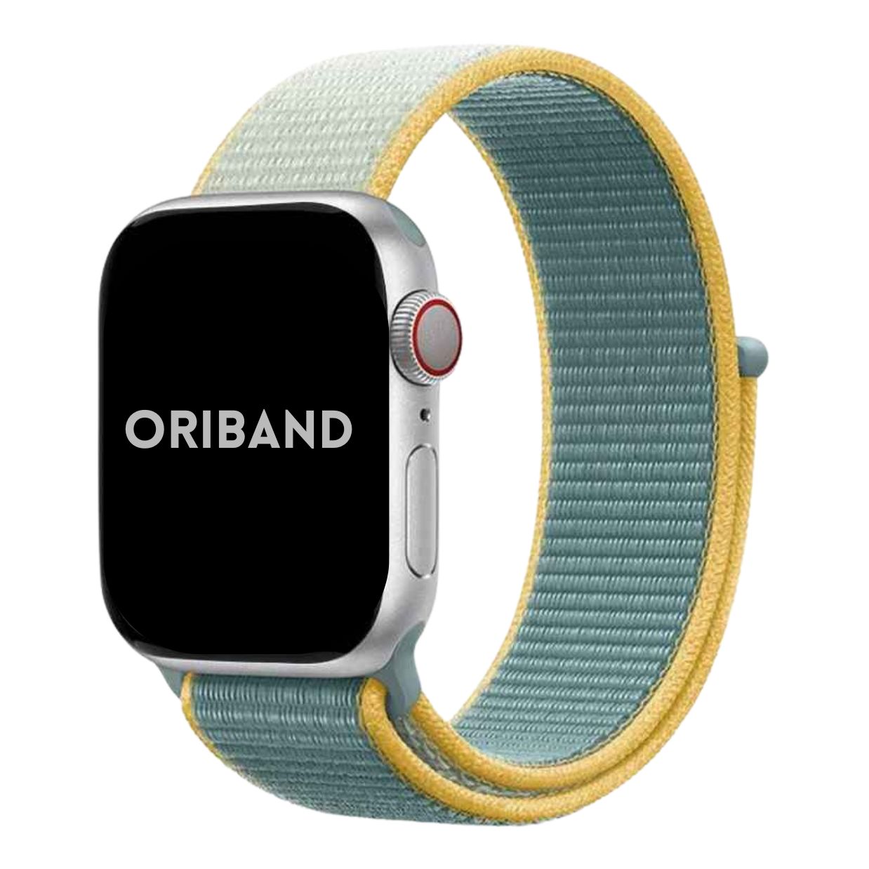 Sunshine Sport Loop Apple Watch Band attached to Apple Watch with Oriband logo.