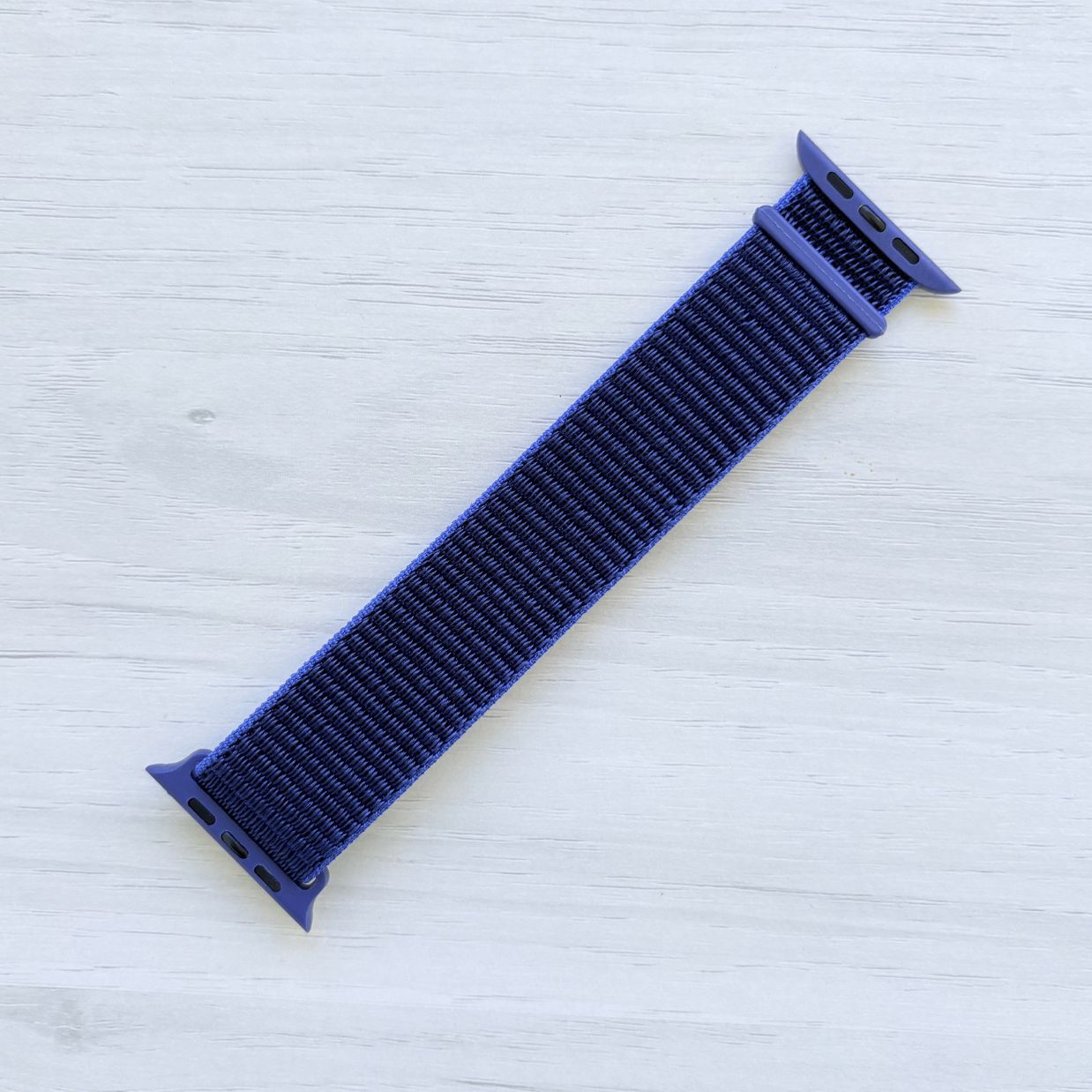 Ultramarine Sport Loop Apple Watch Band with woven nylon design, front view.