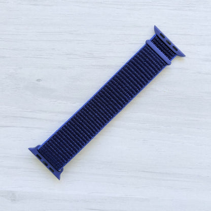 Ultramarine Sport Loop Apple Watch Band with woven nylon design, front view.