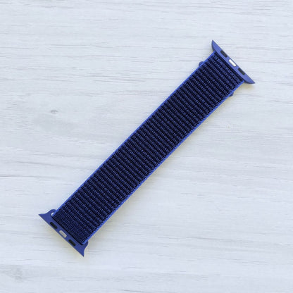 Ultramarine Sport Loop Apple Watch Band with woven nylon design, back view.