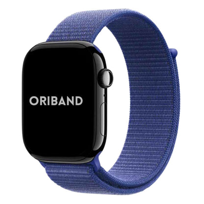 Ultramarine Sport Loop Apple Watch Band attached to Apple Watch with Oriband logo.