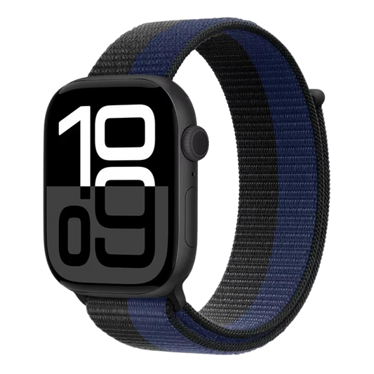 Black Blue Sport Loop nylon band for Apple Watch – sporty contrast and secure fit.