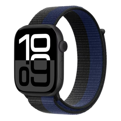 Black Blue Sport Loop nylon band for Apple Watch – sporty contrast and secure fit.