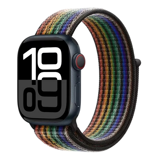 Black Rainbow Sport Loop Apple Watch band – bold black base with multicolor flair.
