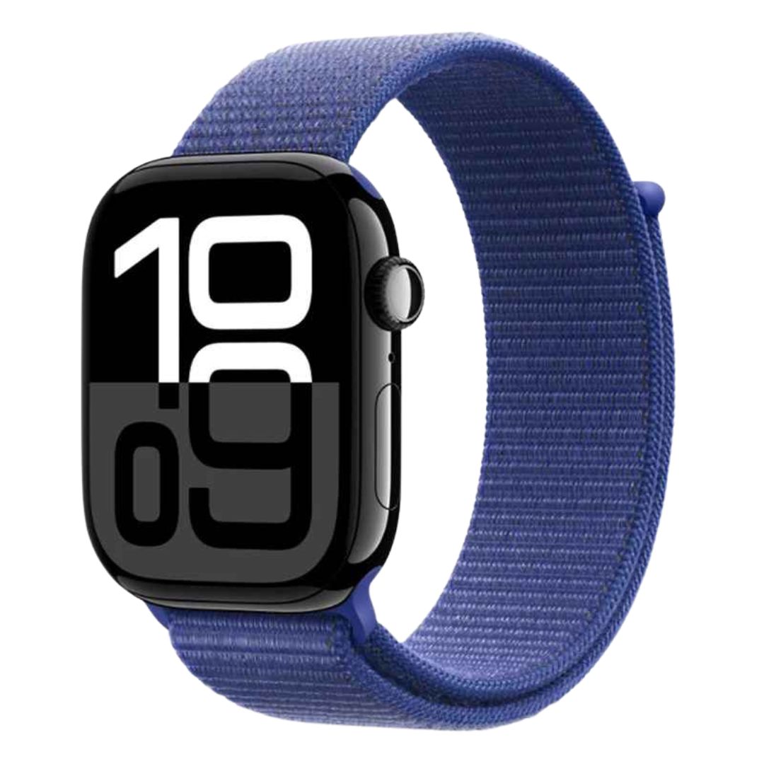 Apple watch with dark blue Sport loop, front view.