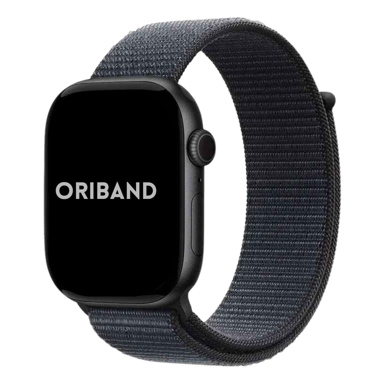 Ink Sport Loop Apple Watch Band attached to an Apple Watch, displayed on a light wooden surface, front view.