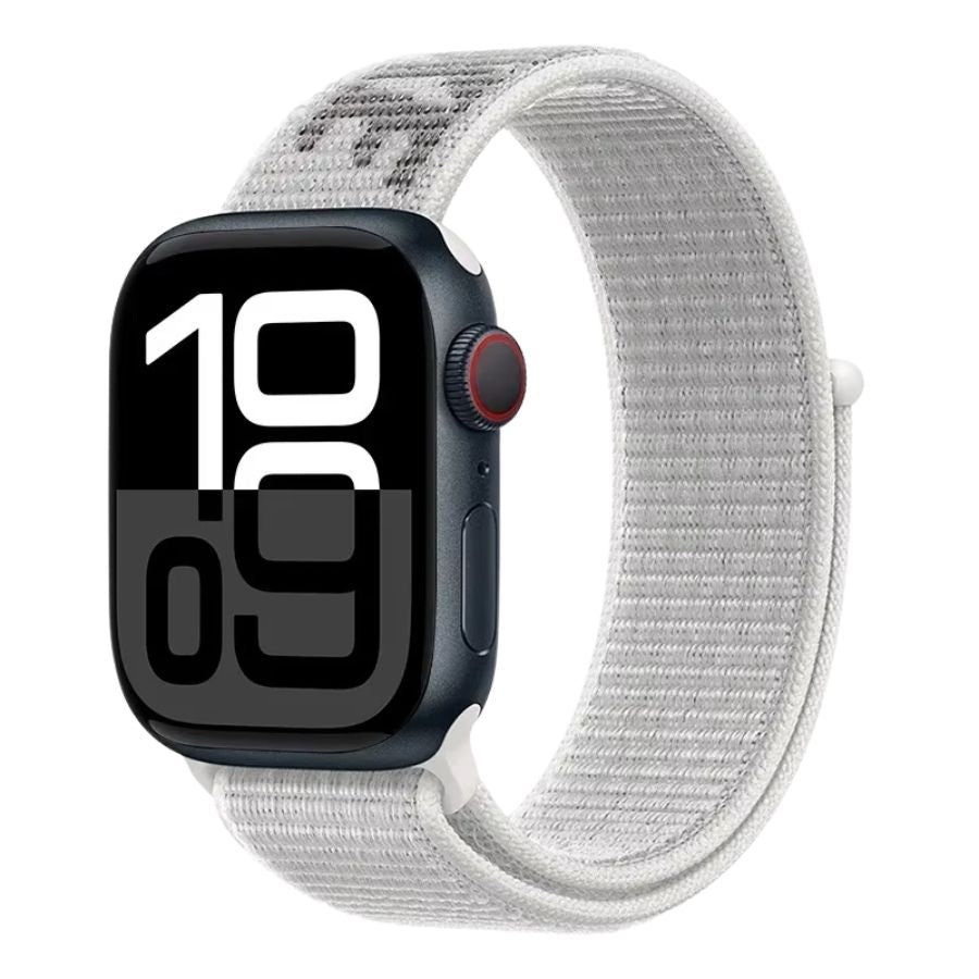 White Sport Loop Apple Watch band – clean, modern look with lightweight comfort.