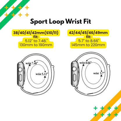 Measurement chart for Sport Loop Wrist Fit with wrist size ranges and corresponding apple watch band sizes.