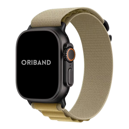 Apple watch Ultra 3 with a Tan Alpine Loop strap on a white background, featuring the brand 'Oriband'.