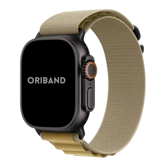 Apple watch Ultra 3 with a Tan Alpine Loop strap on a white background, featuring the brand 'Oriband'.