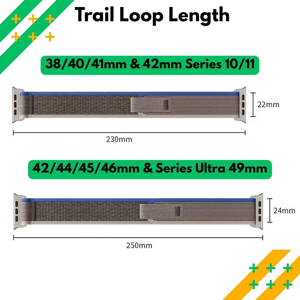 Measurement chart for watch straps with trail loop lengths on a white background