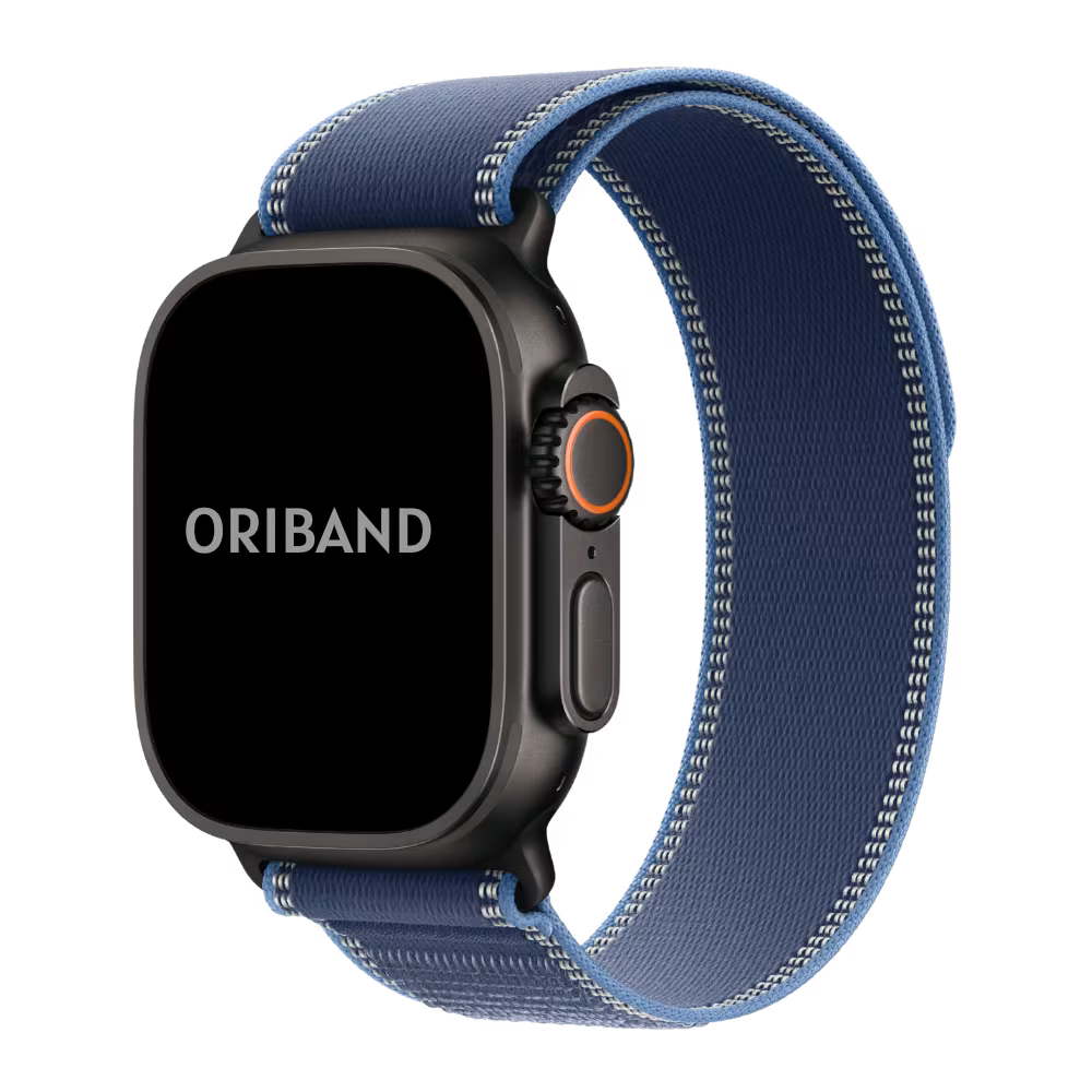 Black Apple watch Ultra 3 with a blue Alpine Loop strap on a white background, featuring the brand 'Oriband'.